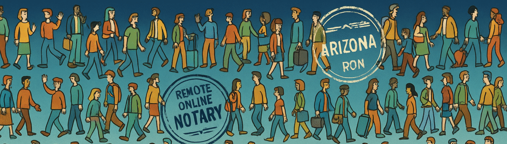 Abstract crowd with travel stamps; online notarization theme.